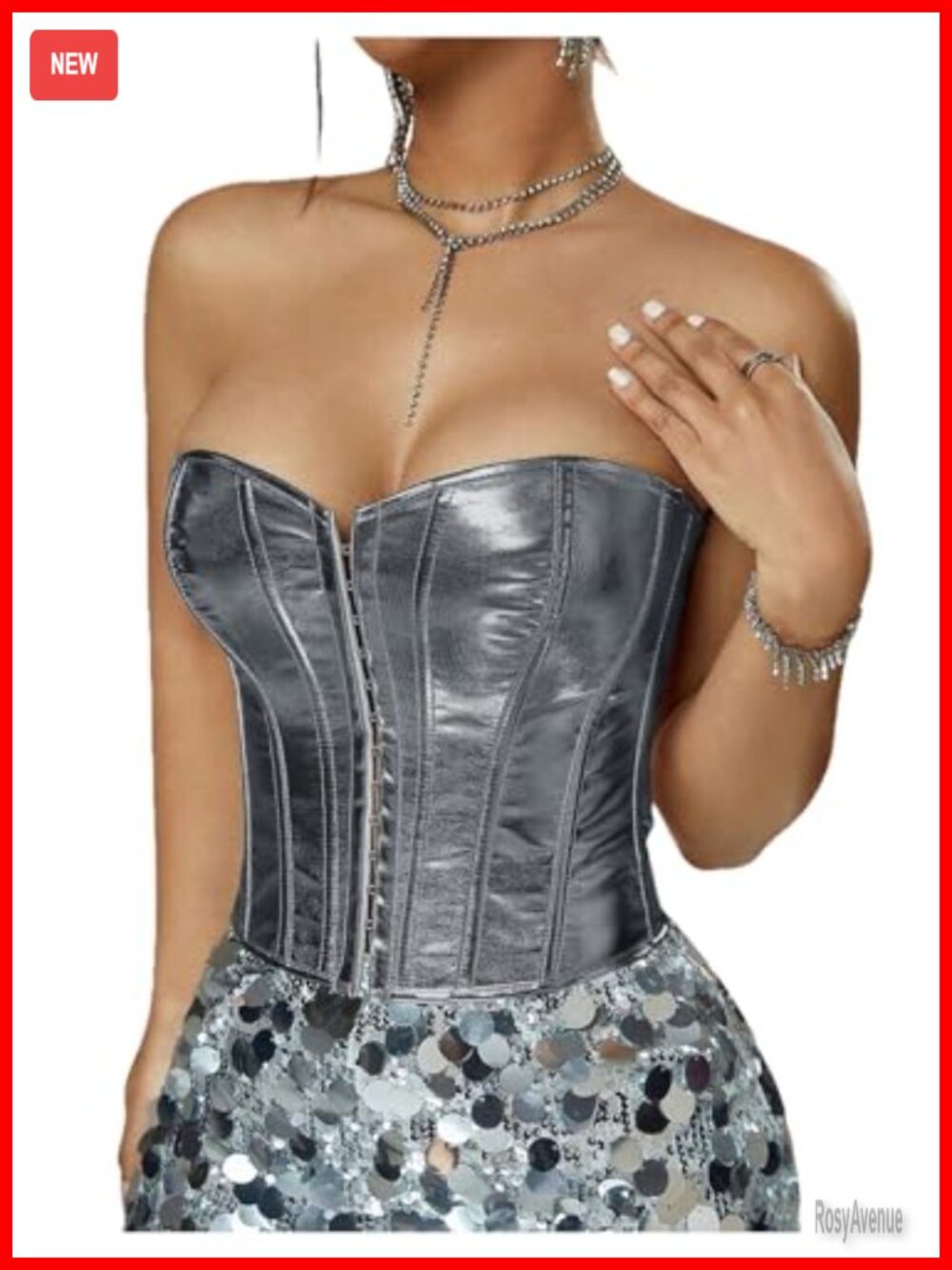 Floerns Y2K Strapless Metallic Tube Top Lace Up Back Corset Bandeau
